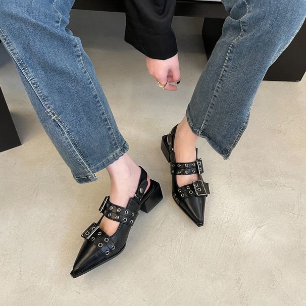 Plus Size 34-43 Fashionable Pointed Toe Strap Buckle Women's Shoes 2024 Summer Style Chunky Heel Fashion Sandals_vogvips.com