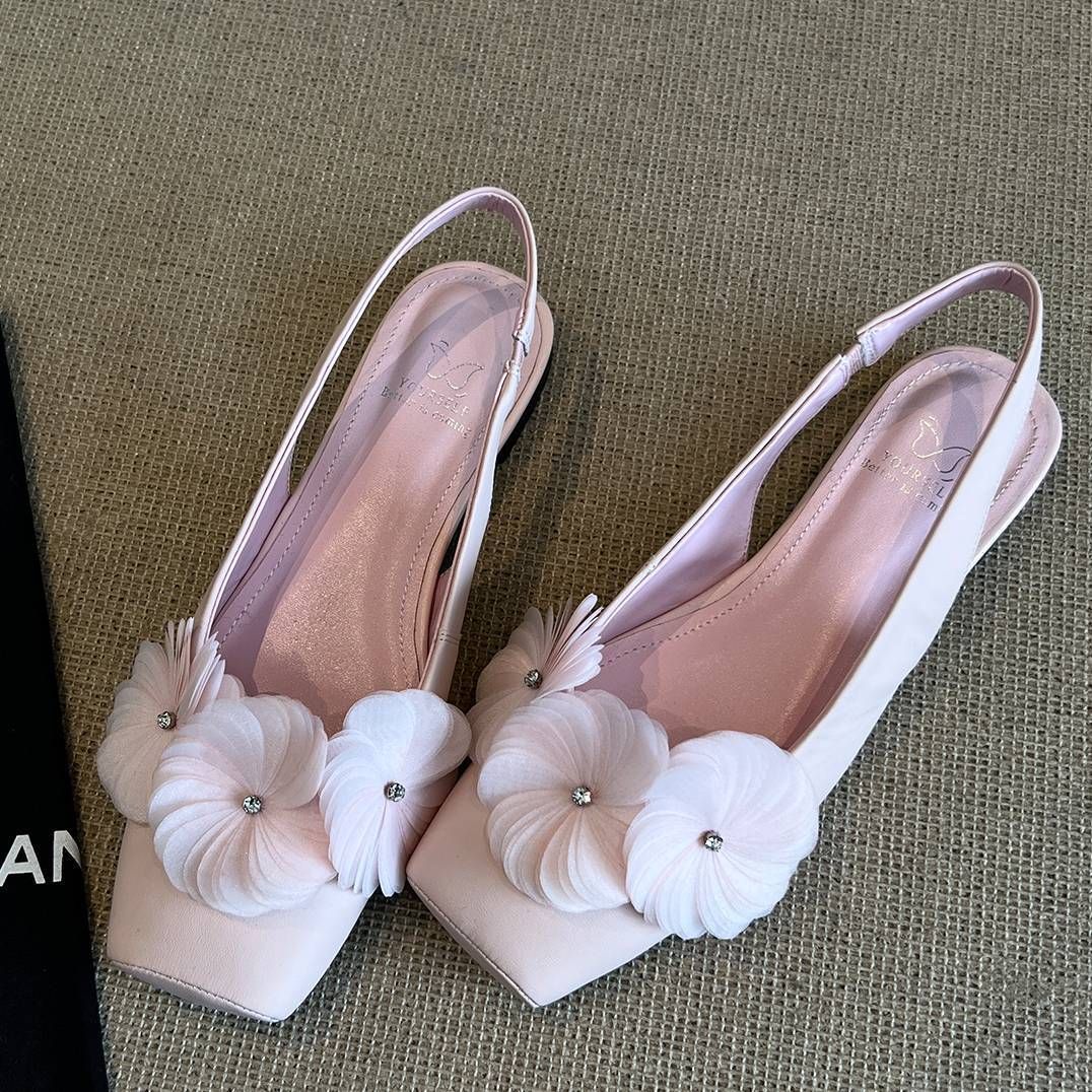 Women's Sheepskin Flat Shoes Exquisite Floral Square Toe Closed Backless Sandals Spring New Style Fairy_vogvips.com