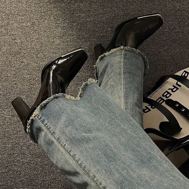 26ss Kendall Jenner Style Martin For Women, Metal Square Toe, Patent Leather, Side Zipper, Chunky Heel, High Heel Ankle Women, Toe, Leat_vogvips.com
