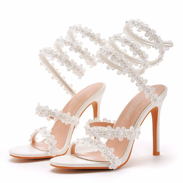 Women’s Shoes fish mouth strap high heel sandals white flower sandals women's banquet wedding dress bridal shoes princess sandals_vogvips.com