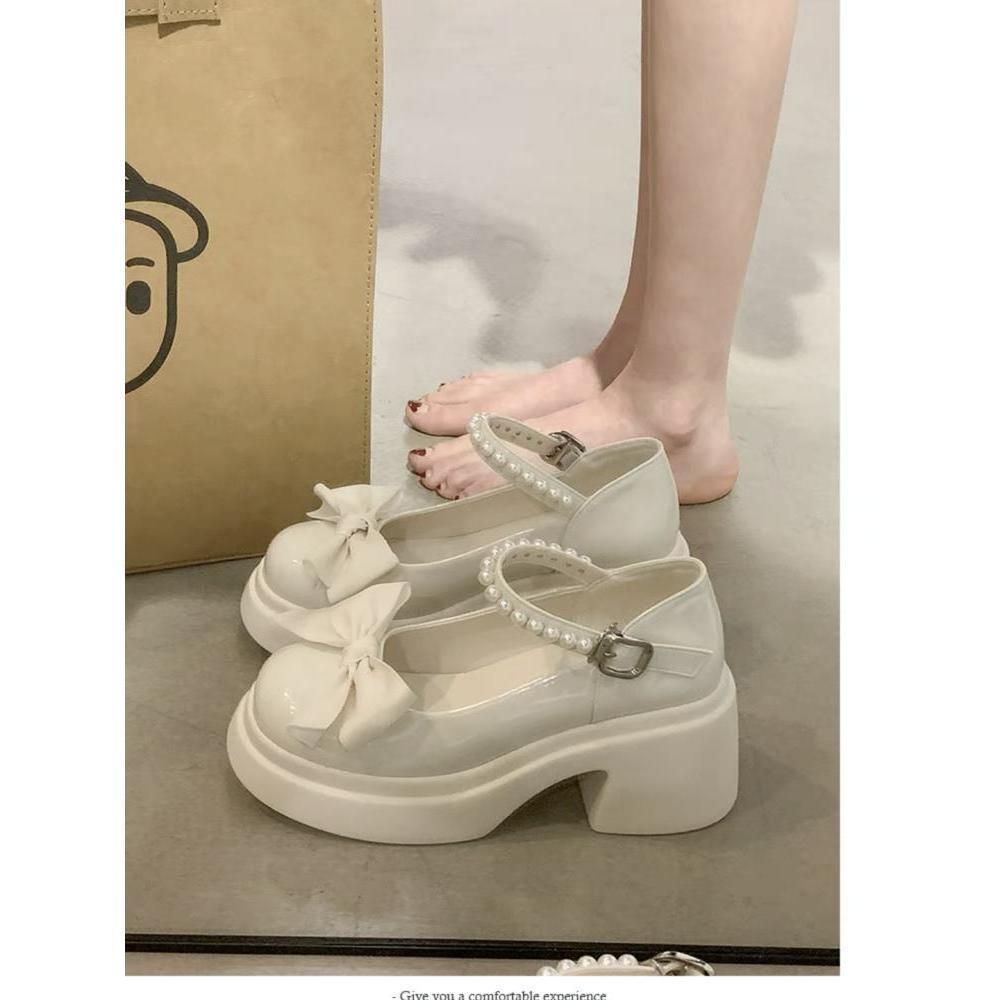 White French Mary Jane Small Leather Shoes For Women Thick Soles, Heels, Raised Bow Tie, Paired With A Skirt, Single_vogvips.com