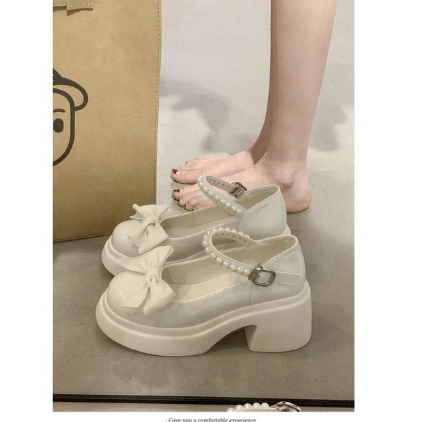 White French Mary Jane Small Leather Shoes For Women Thick Soles, Heels, Raised Bow Tie, Paired With A Skirt, Single_vogvips.com