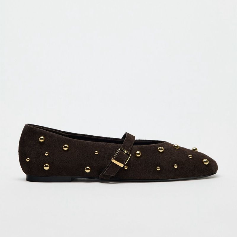 Women's Shoes Brown Suede Rivet Round Head Ballet Flats One Strap Mary Jane Shoes Fashion Single Shoes_vogvips.com