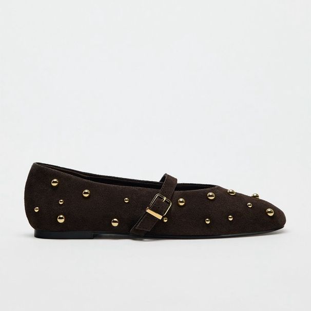 Women's Shoes Brown Suede Rivet Round Head Ballet Flats One Strap Mary Jane Shoes Fashion Single Shoes_vogvips.com