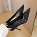 2025 New Black Sequined Stiletto Pointed Toe High Heels, Elegant Retro French Style Women's Shoes, Large Size For Wide_vogvips.com