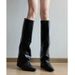 Stacked Shaft Knight Boots - 7CM Chunky Heel Pointed Toe Boots For Women | Retro British Style | Side-Zip Ankle Boots | Winter-Ready Fleece Lining_vogvips.com