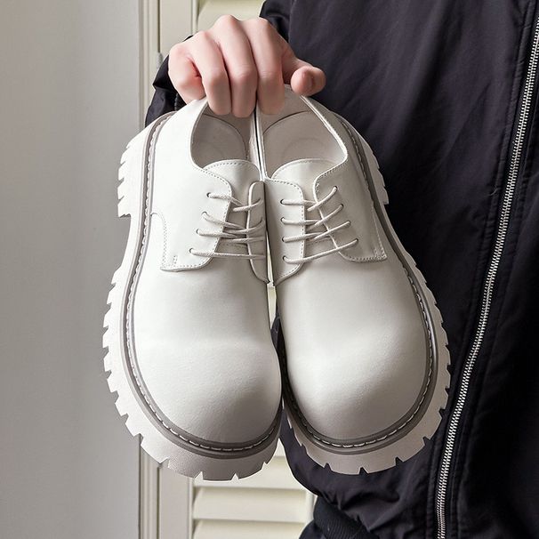 Men's Derby Thick Sole Height Increasing British Style Low Top Work Boots Niche White Leather Shoes 32057_vogvips.com