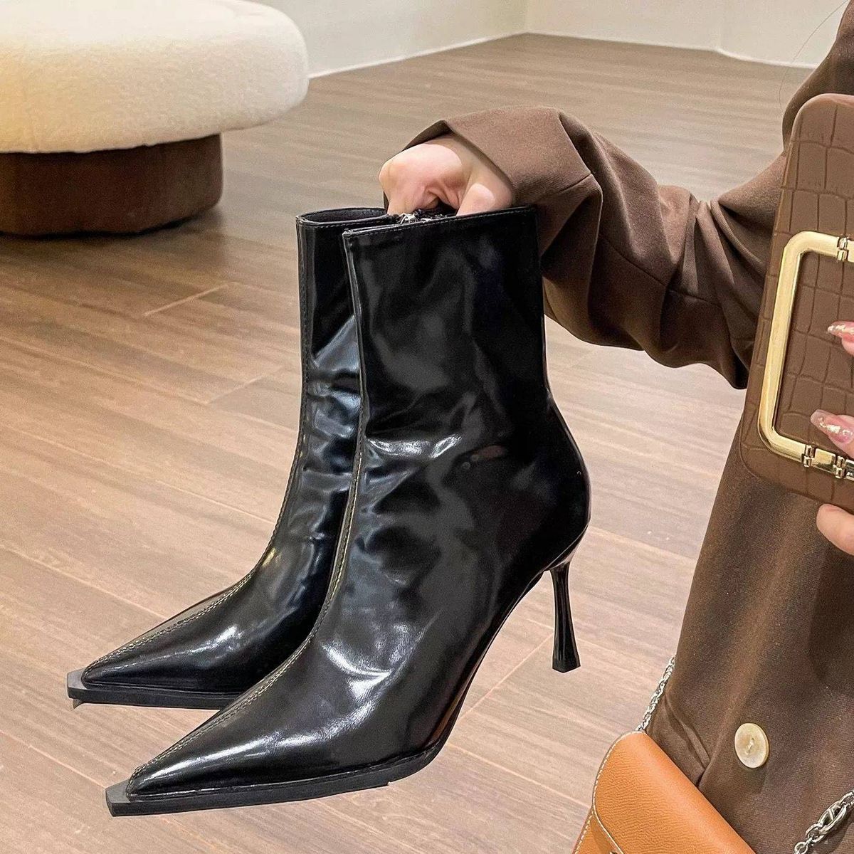 Women's Shoes Black Pointed Toe High Heeled Slim Boots, Autumn/Winter New Style, Petite Design, Stiletto Heel Slim Boots_vogvips.com