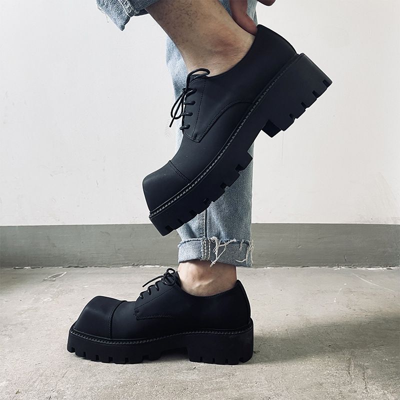 Suitable For All Seasons Square Toe Leather Shoes For Men, Black Thick Sole, Height Increasing, Unique Derby Shoes, Hairstylist Trend, Same_vogvips.com
