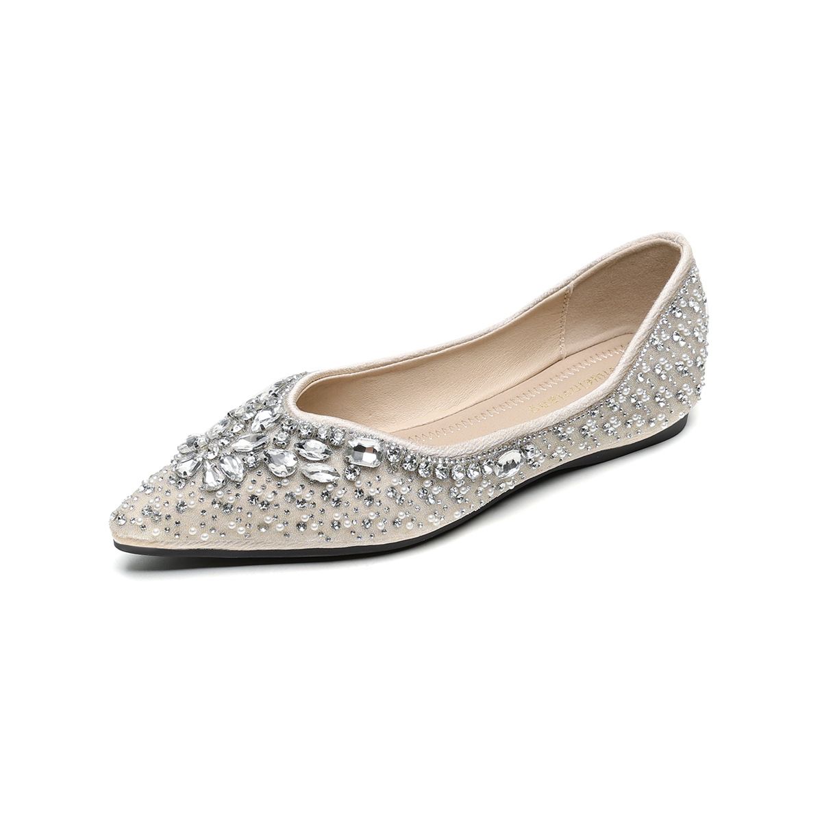 French Pointed Single Shoes Women's Flat Bottom Shallow Mouth Rhinestone Wedding Shoes With Skirt Temperament Women's Shoes_vogvips.com