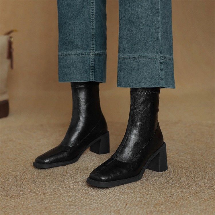 25 Autumn Winter Square Toe Chunky Stretch Short High Heel Slim Single Boots With A Soft Cushioning Feel_vogvips.com