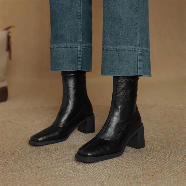 25 Autumn Winter Square Toe Chunky Stretch Short High Heel Slim Single Boots With A Soft Cushioning Feel_vogvips.com