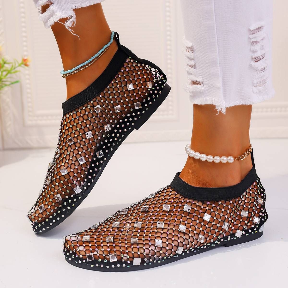 Women's Flat Sandals With Colorful Diamond-Patterned Mesh Design – Breathable & Comfortable For Casual Wear_vogvips.com