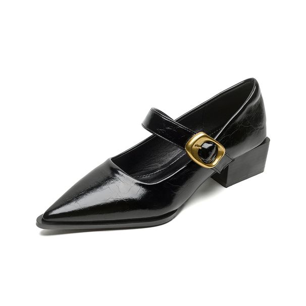 French Pointed Mary Jane Shoes Thick Heel With Shallow Mouth High Heels Women_vogvips.com