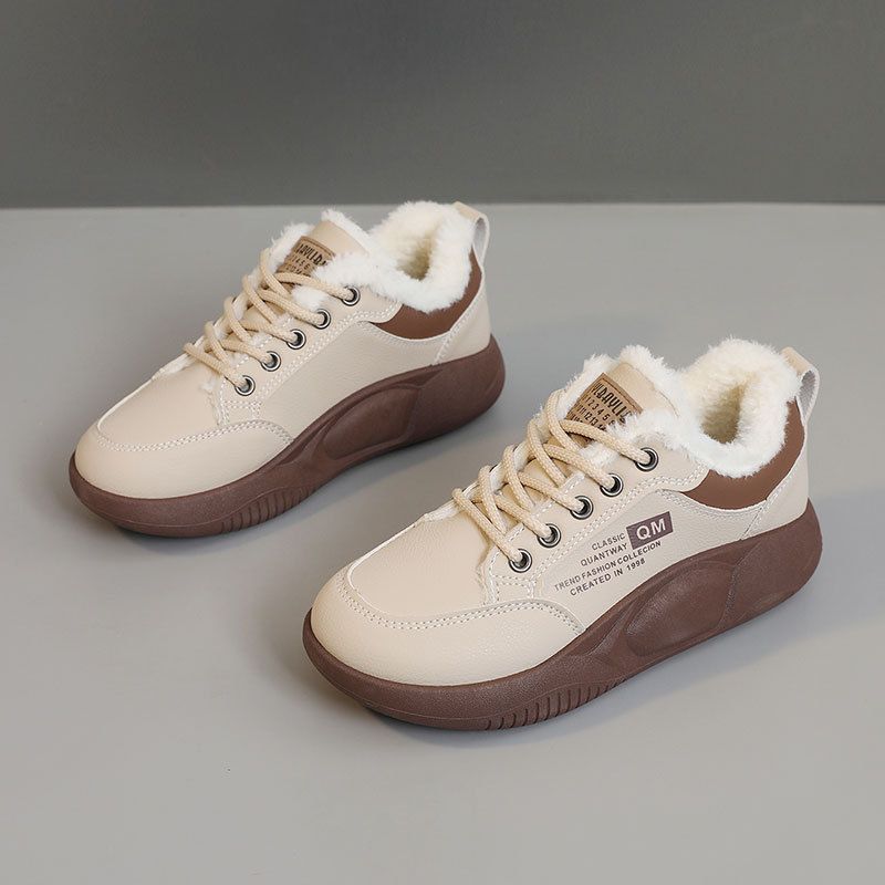 XQ5801 2 New 2024 Autumn And Winter Thick Soled Height Enhancing Women's Shoes Color Matching Warm Low Top Plus Velvet Simple Cotton Shoes_vogvips.com