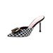 Retro Summer Baghead Metal Buckle Müller Shoes, 9cm, Versatile, Thousand-bird-pattern, Low Heel, Pointed Toe, Elegant Flip-flops_vogvips.com