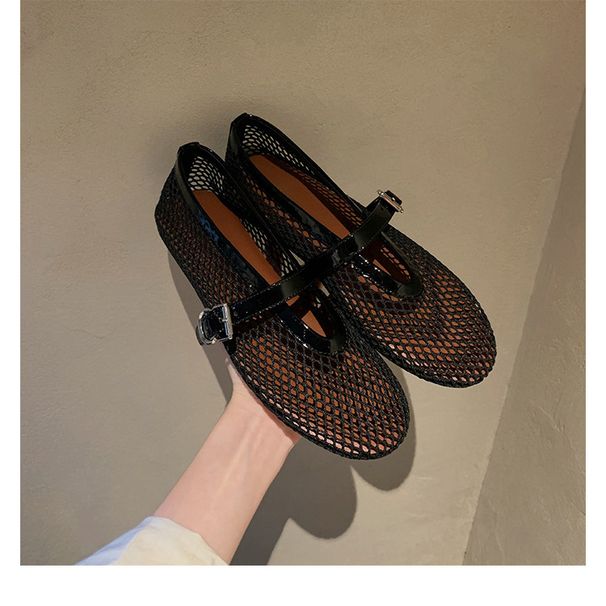 Cowhide Version ~ Stunning Mesh Genuine Leather Hollow Mary Jane For Women Soft Sole Flat Sandals Fishnet Shoes Loafers_vogvips.com