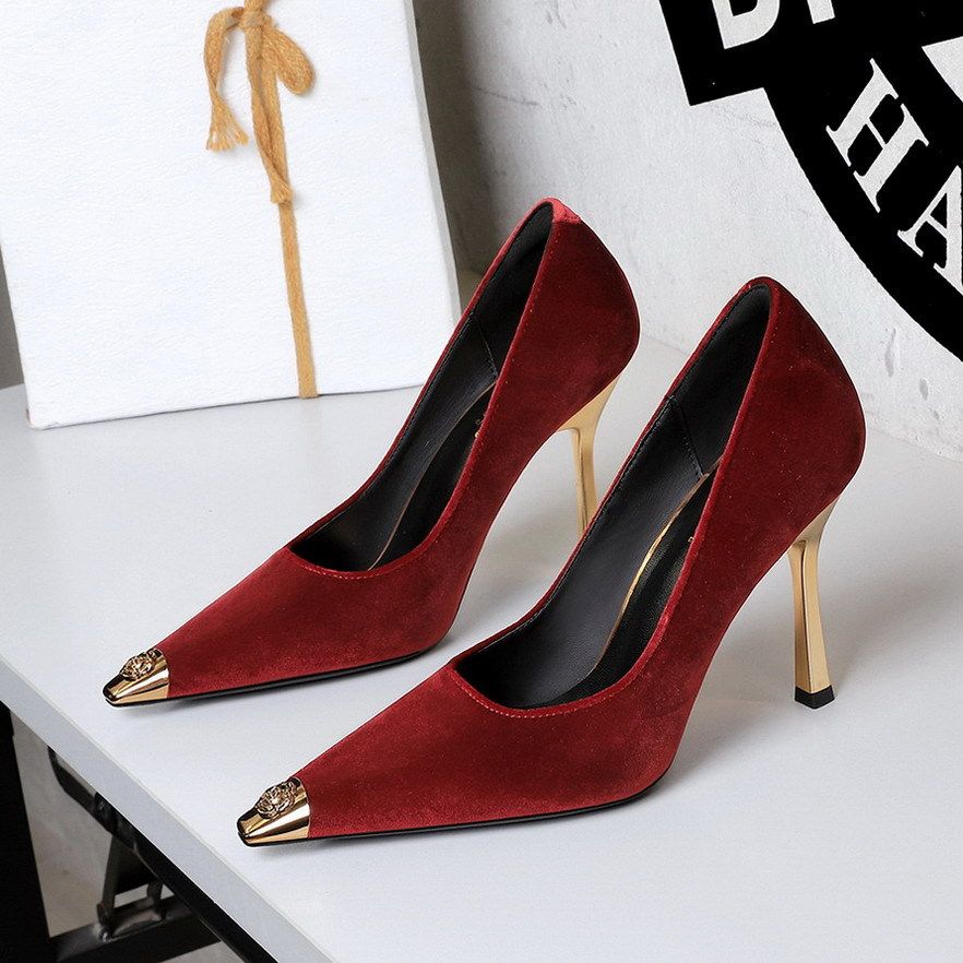 Women's Stiletto Heel Pumps Style Banquet Metallic Iron Toe Fashion Suede Pointed Toe Low Mouth Slip On Stiletto Heels Comfortable Single Shoes_vogvips.com