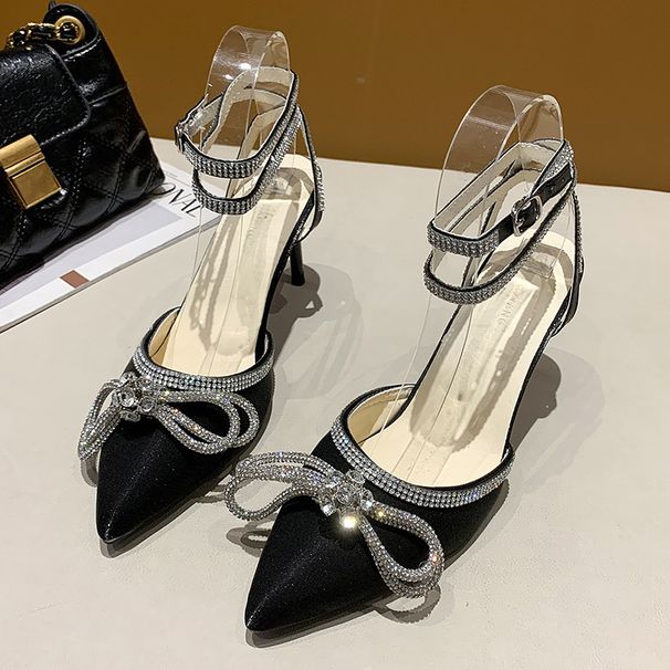 Sexy Pointed Toe Stiletto Strap Rhinestone Sandals Fairy Style 2024 New Summer Black Elegant High Heels_vogvips.com