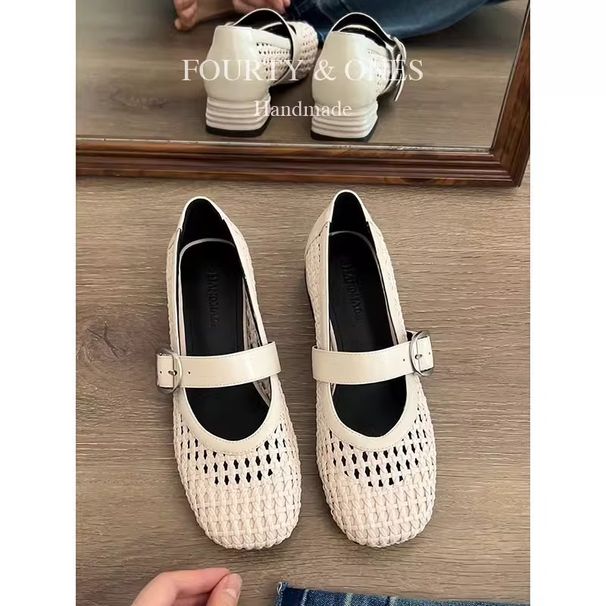Sheepskin Edition~French Exquisite Weaving Hollow Mary Jane For Women 2025 New One Word Buckle Straw Coarse Follow Up_vogvips.com