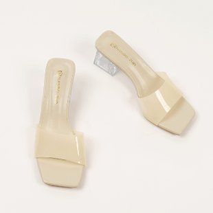 New Fashionable Outerwear Sandals, Transparent Crystal High Heels, Thick-heeled Square Toe One-strap Slippers_vogvips.com