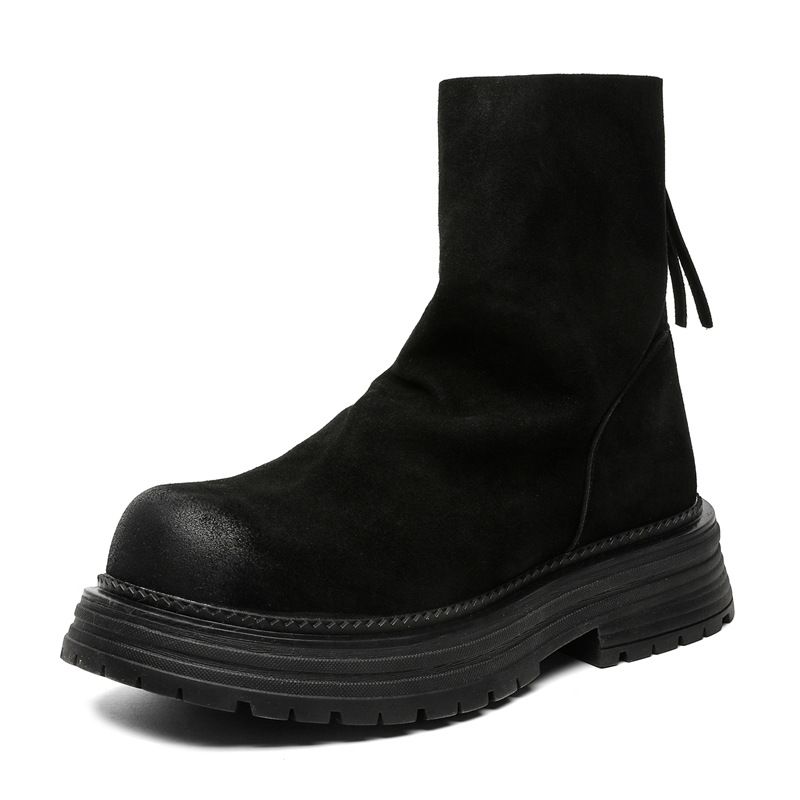 Pleated Design Short Boots Rear Zipper Round Head Polished Inverted Boots Thin Thick-soled Matte Locomotive Boots_vogvips.com