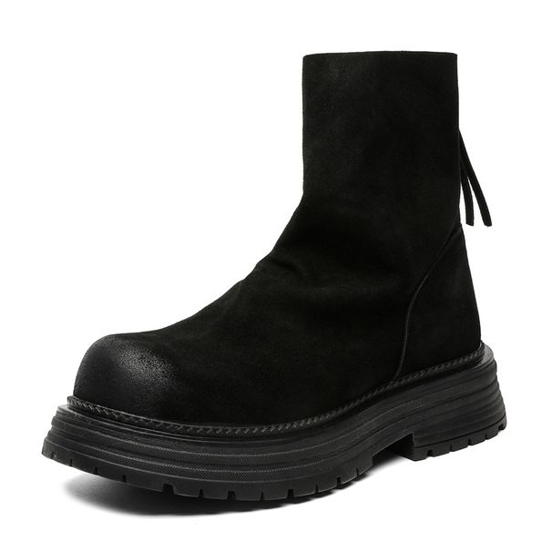 Pleated Design Short Boots Rear Zipper Round Head Polished Inverted Boots Thin Thick-soled Matte Locomotive Boots_vogvips.com