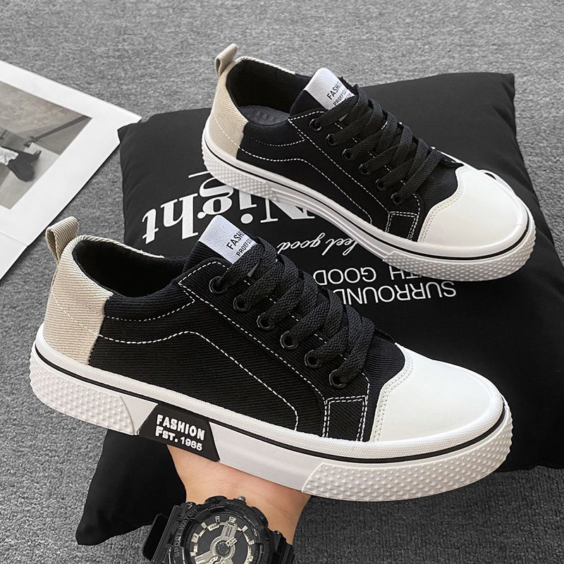 Men’s Beige Low-Top Canvas Sneakers, Lace-Up, White Thick Sole, Casual Street Walking Shoes_vogvips.com