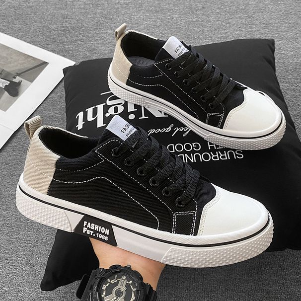 Men’s Beige Low-Top Canvas Sneakers, Lace-Up, White Thick Sole, Casual Street Walking Shoes_vogvips.com