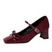 5296-H81 Mary Jane For Women, Chunky Heel, Bowknot, Shallow Mouth, Square Toe, Suede, Rhinestone Buckle, One-Strap_vogvips.com