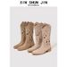 Slimming Cutout Knee High Boots Chunky Heel Pointed Toe Western Cowboy Style Breathable Summer New Retro Versatile Women's Shoes_vogvips.com