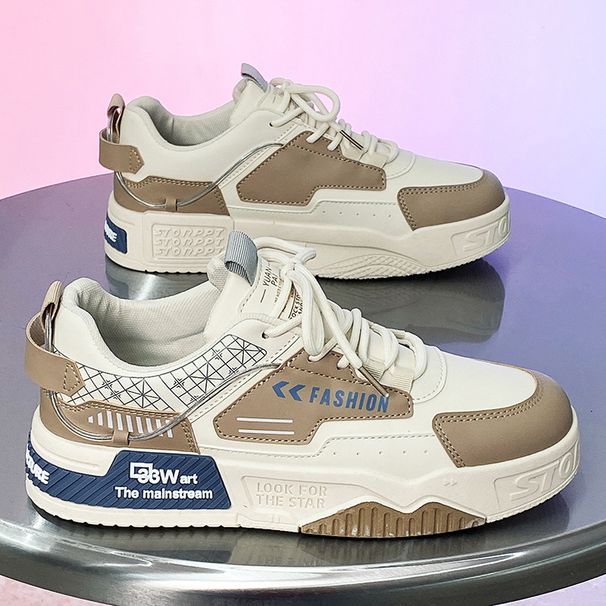 ShoeVault Leather Patchwork Thick Sole Height Increasing Sneakers Summer New Low-top Lace-up Casual College Style Versatile Men's_vogvips.com