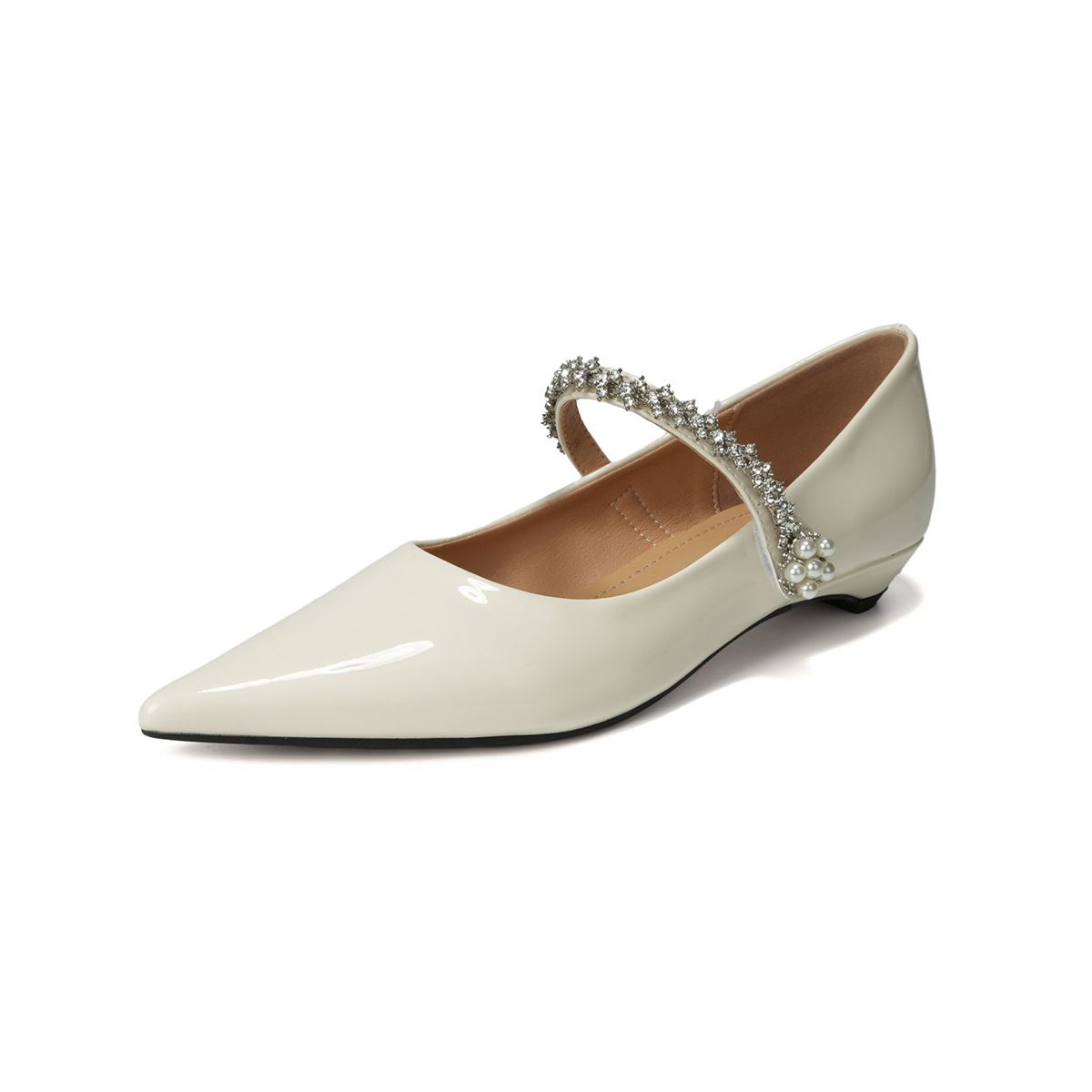 Pointed Rhinestone Single Shoes Women's French Temperament Shallow Mouth Word Belt Mary Jane Shoes Flats_vogvips.com