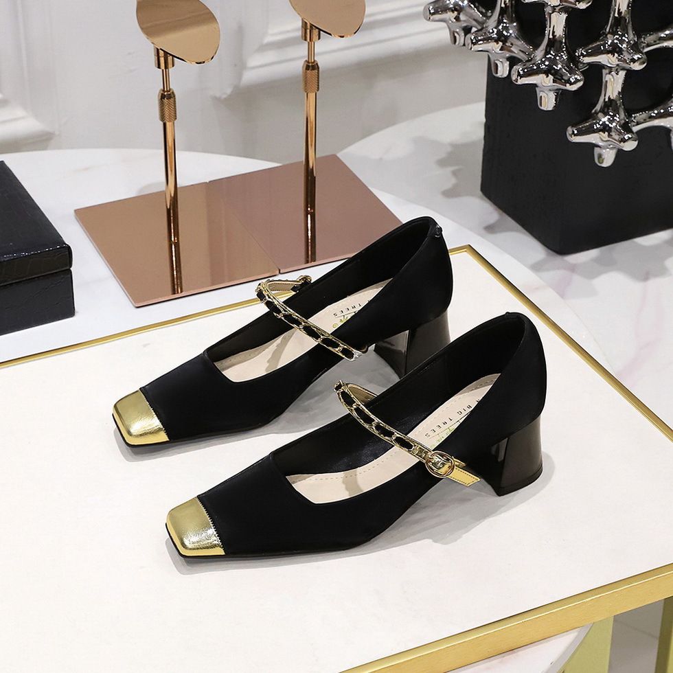 Chunky medium heel light mouth color patchwork square head metal chain line with single shoes_vogvips.com