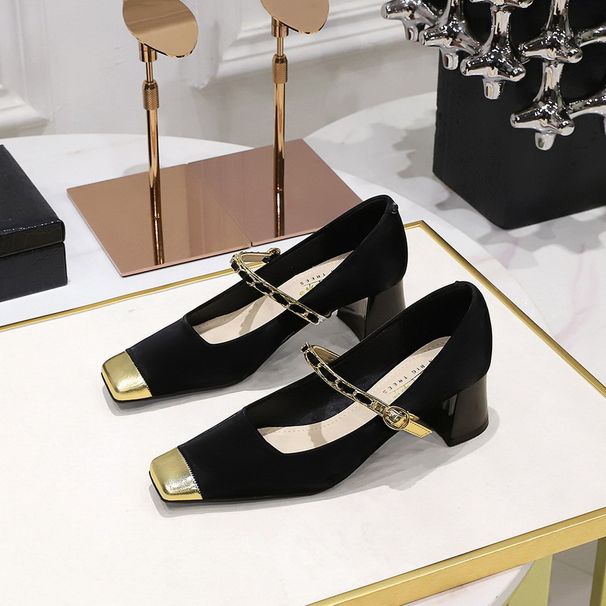 Chunky medium heel light mouth color patchwork square head metal chain line with single shoes_vogvips.com