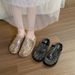 Korean Style Women's Fishnet Sandals Hollowed out Breathable Closed Toe Half Slippers Light Luxury Rhinestone Flat Summer Shoes_vogvips.com