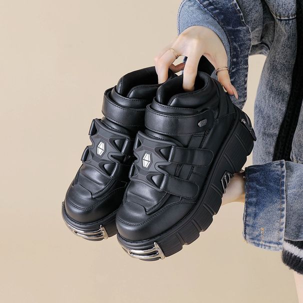 Women's Heavy Metal Thick Sole Low Top Punk Shoes Dark Black Motorcycle Boots Autumn Winter_vogvips.com