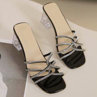 New Transparent Rhinestone Sandals Women's Sense Everything Temperament Fashion Chunky Flip-flops_vogvips.com