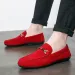 Mens Black Suede Loafers With Metal Buckle Slip On Casual Shoes_vogvips.com