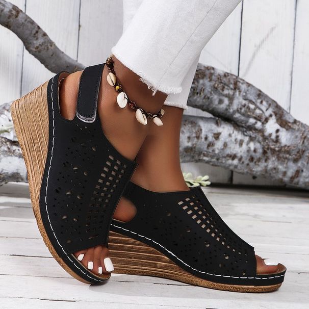 Summer New European And American Style Hollow-out Lightweight Velcro Sandals Women's Plus Size Wedge Sandals_vogvips.com