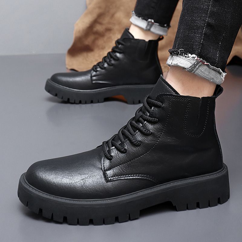2025 Autumn Men's Martin Mid-Calf Leather Outdoor Work British Style Black Boots Thick Sole Lace-Up_vogvips.com