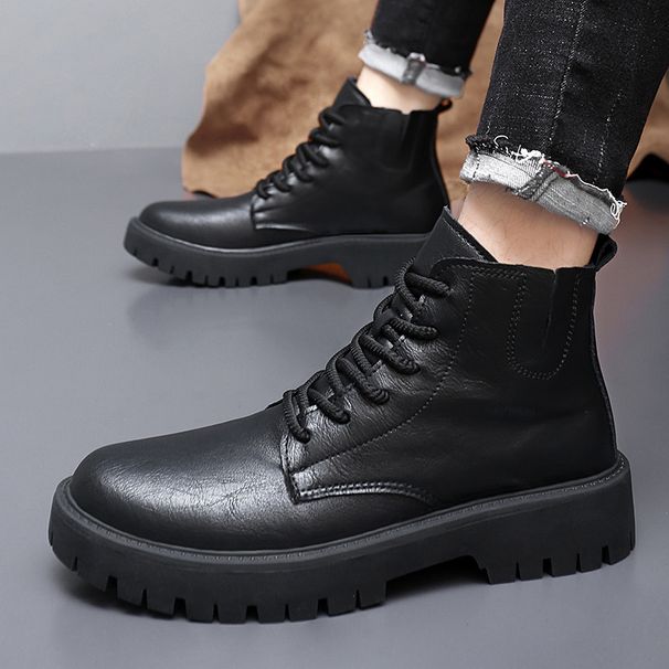 2025 Autumn Men's Martin Mid-Calf Leather Outdoor Work British Style Black Boots Thick Sole Lace-Up_vogvips.com