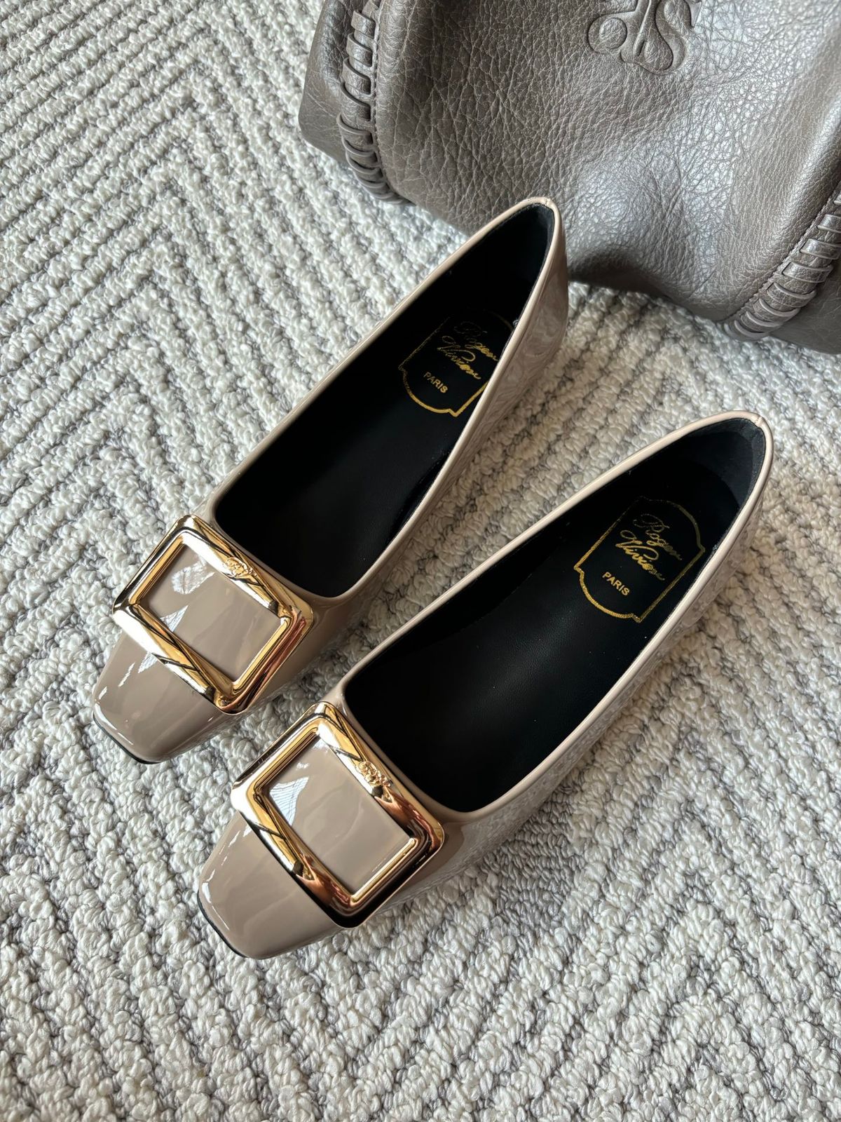 Gold Metal Square Buckle Patent Leather Square Toe Slip On Low Block Heel Pumps Casual Office Dating Commute Daily Wear Dress Shoes_vogvips.com