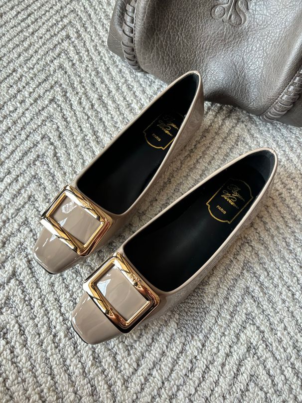 Gold Metal Square Buckle Patent Leather Square Toe Slip On Low Block Heel Pumps Casual Office Dating Commute Daily Wear Dress Shoes_vogvips.com