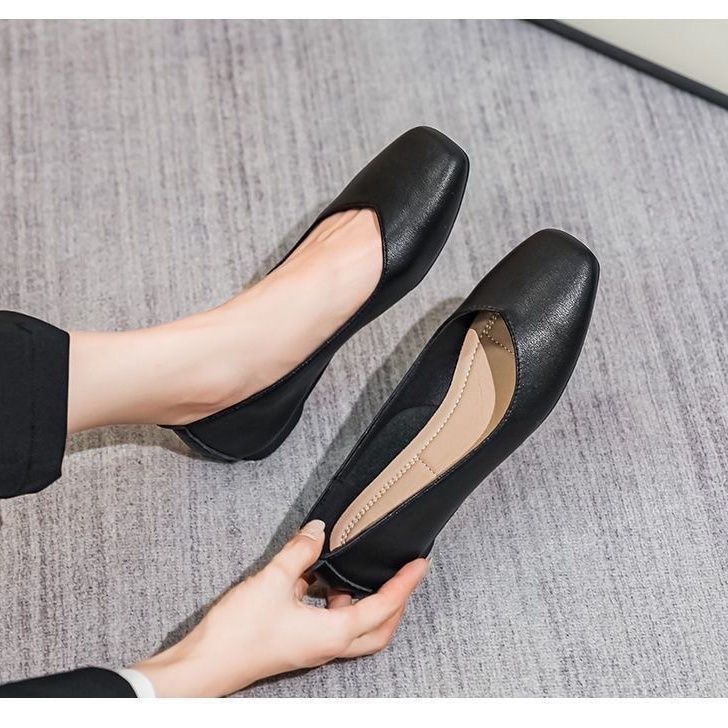Genuine Soft Leather Work Black Square-toed Flat-soled Professional Office Shoes, Suitable Interviews And As A Flight_vogvips.com