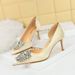 3165-AK11 Korean Fashion Banquet Thin High Heel Shallow Mouth Pointed Silk Side Hollow Diamond Button Women's Single_vogvips.com