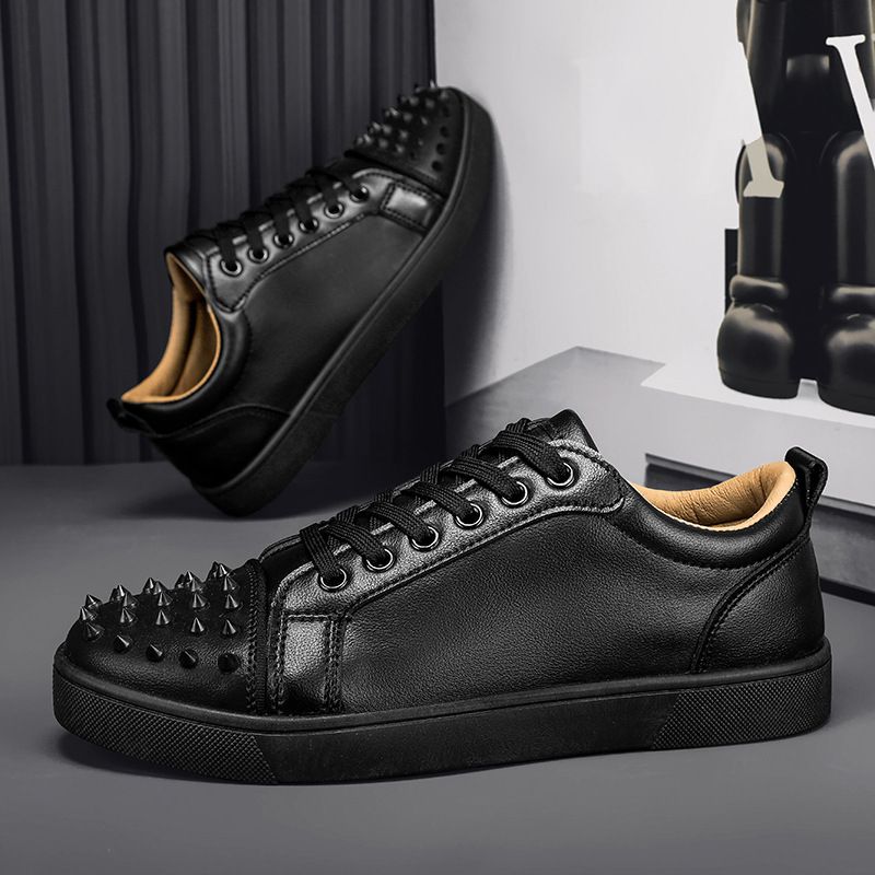 Men's Shoes Red Bottom Rivet Casual Shoes Simple Social Guy Sneakers Fashionable Trend Real Microfiber Leather Shoes White Shoes_vogvips.com