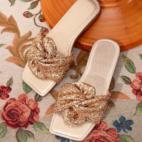 Gold Sequined Twisted Sandals Square Toe Open Toe Slippers Fashionable Women's Flip Flops For Party And Casual Wear Multi-Color_vogvips.com