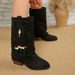 Women's Winter High Heeled Slip-On Trouser Boots Beaded Pointed Toe Suede Mid Calf Plus Size Pleated Shoes_vogvips.com