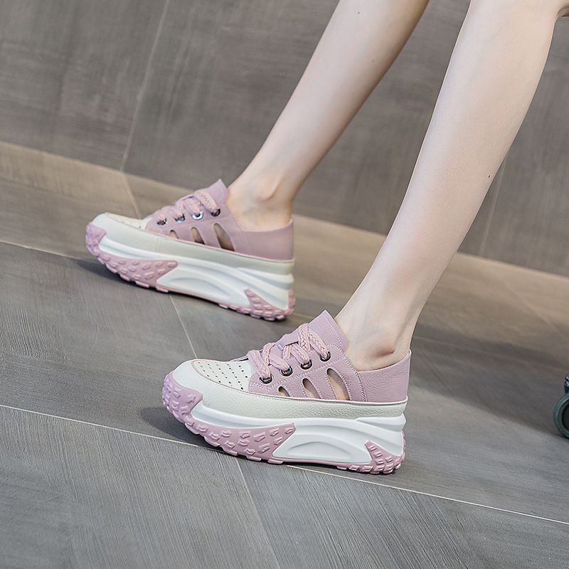 Daddy Shoes Thick Sole Leather Surface Hollow Women's Retro Lightweight Inner Height Increase Casual Sports Shoes Sandals_vogvips.com